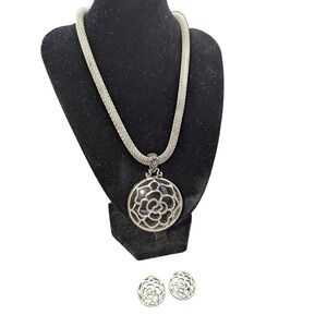 Silver Tone Rose Flower Round Pendant Necklace and Matching Stud Earrings Set